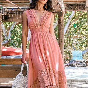 Cupshe Pink Sleeveless Tassel Trim Hi-Low Midi Dress Size S | NWT